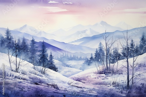 Watercolor painting of mountain landscape in blues and purples. Generative AI © James