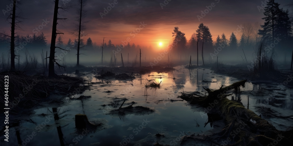 Fototapeta premium Atchafalaya, Louisiana. sunset, sunrise, dusk, twilight swamp. flooded landscape. rural lake, creek, swamp.