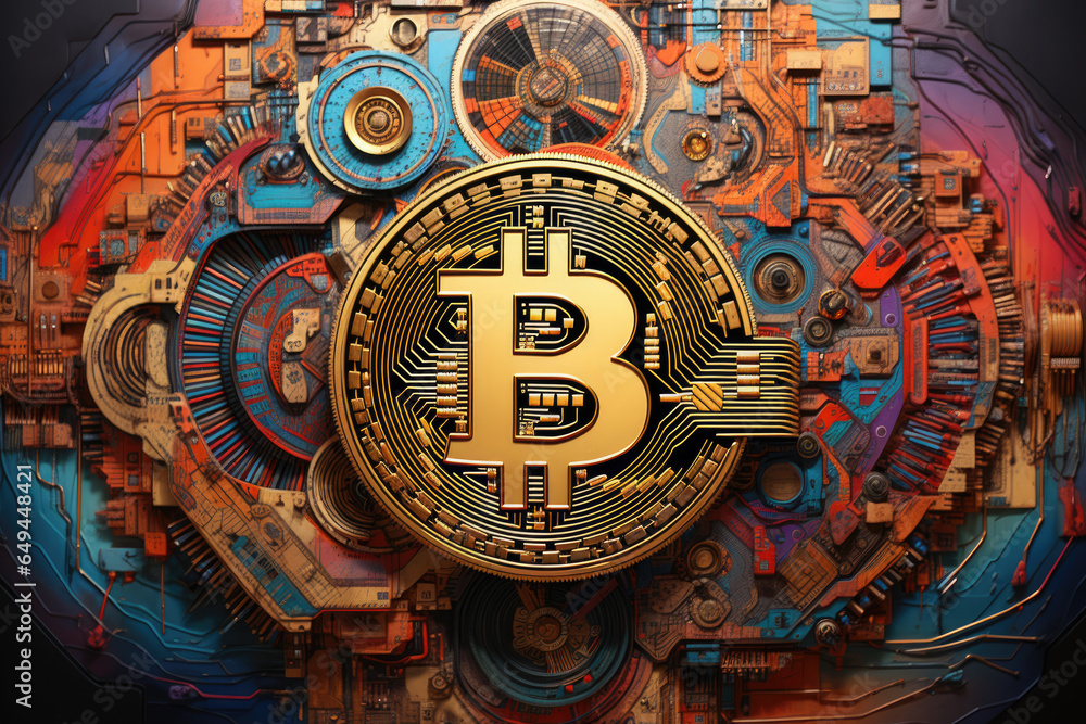 Bitcoin logo colorful poster with many abstract elements