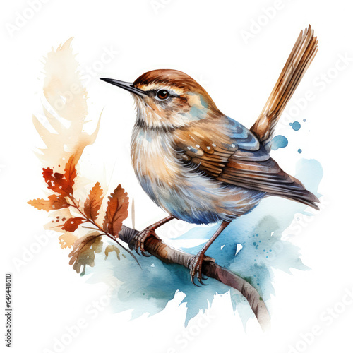 Canvas Print Watercolor Wren bird Illustration, Generative Ai