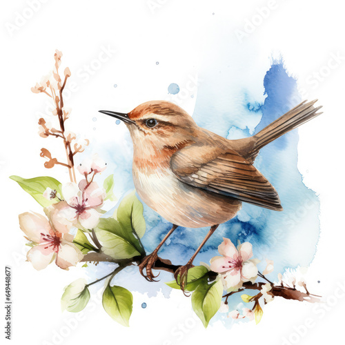 Photo Watercolor Wren bird Illustration, Generative Ai