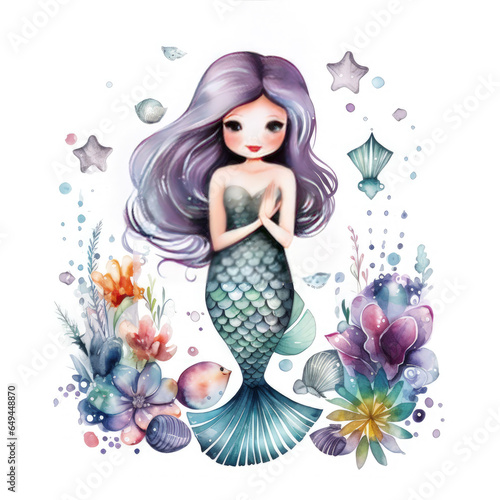 Watercolor Mermaids Illustration, Generative Ai