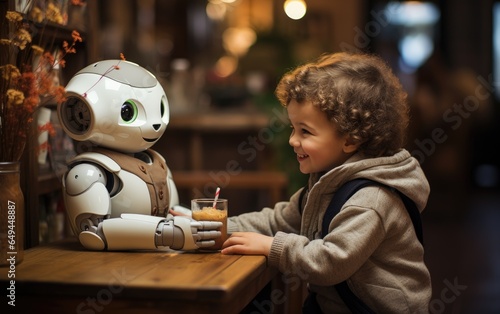 A child interacting with a friendly robot. Generative AI