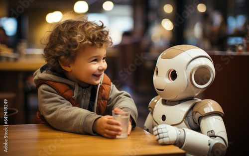 A child interacting with a friendly robot. 