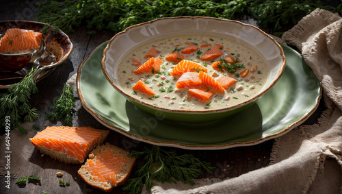 Creamy soup with pieces of salmon, lemon, dill on an old background photo