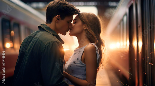 Love passion relationship emotion concept. Young romantic couple hugging and kissing at the train station. Attractive people woman and man. The boyfriend missing girlfriend. Train background.