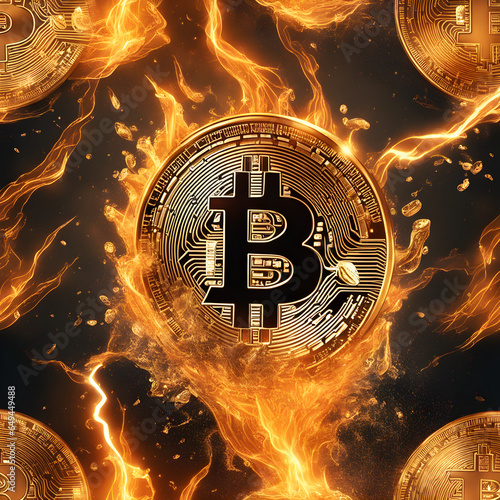 A bitcoin coin in a flash of fire photo