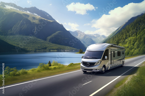 Journey in Comfort: A sleek, modern motorhome cruises the open road, framed by serene lakes and majestic mountains, symbolizing adventure with convenience. © VK Studio