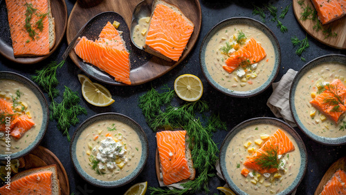 Creamy soup with pieces of salmon, lemon, dill on an old background