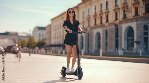 Young beautiful woman with electric scooter over beige wall background in a city, Smiling student girl on electric scooter smiling outdoor, Active lifestyle, eco city transport, travel concept 