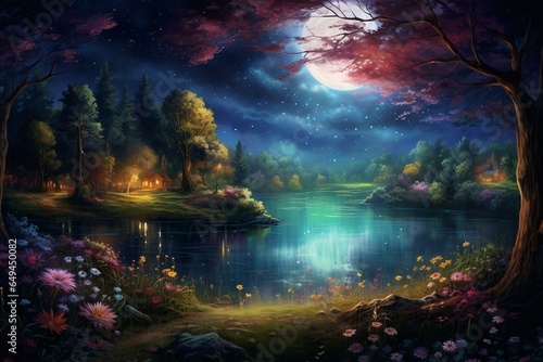 Night scene with a harvest moon shining above a sparkling lake, lush vegetation, birchwood trees, flowers, and a magical galaxy. Generative AI
