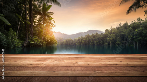 A serene sunset over a lake, viewed from a wooden deck amidst lush mountains and tropical foliage.