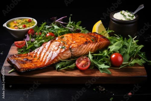 A perfectly grilled salmon fillet on arugula and cherry tomatoes, garnished with a lemon wedge, served with mango salsa.