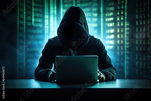 A mysterious person in a black hoodie, sitting in front of a laptop, in a dark room with a lot of LED's in background.