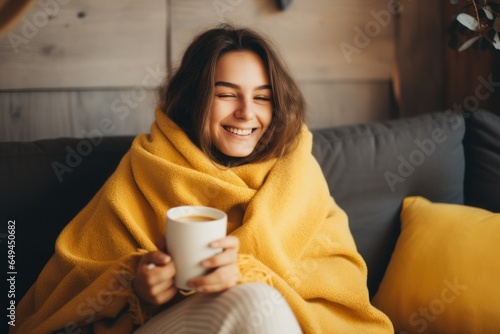 Cheerful young woman drinking coffee while sitting under the covers on the couch at home. Cozy autumn winter atmosphere