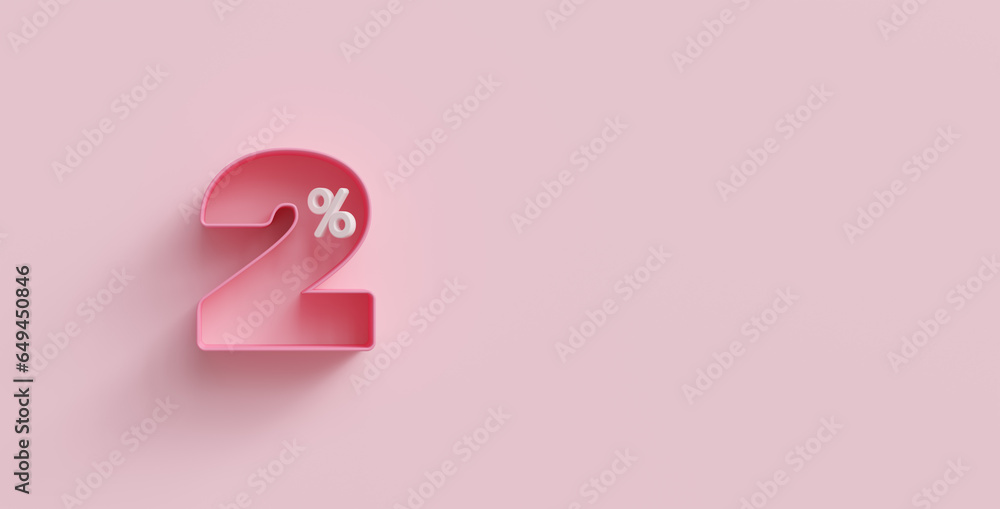 Pink 3d two percents or 2 % on pink background. For advertising promotion, 3d financial concept design. 2% interest special offer. Symbol icon with percentage. Discount concept for cosmetics. - obrazy, fototapety, plakaty 