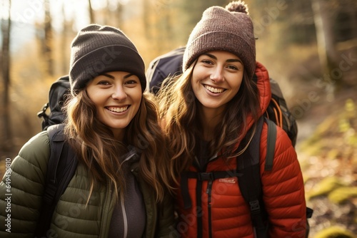 two smiling young woman in outdoor gear hiking together © Astock Media