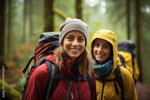 two smiling young woman in outdoor gear hiking together