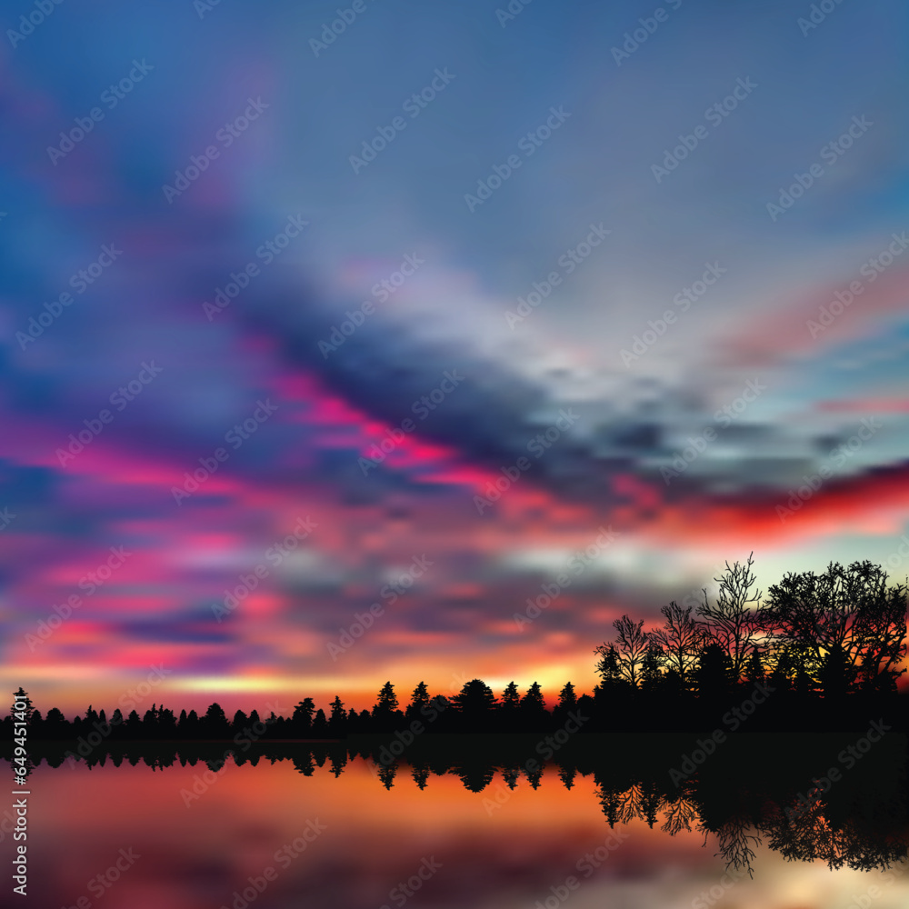 Obraz premium evening red landscapes with trees in forest near lake