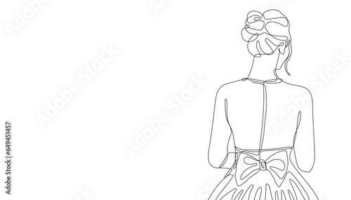 Beautiful bride in long wedding dress. Single line minimalist illustration of the young lady in the evening gown