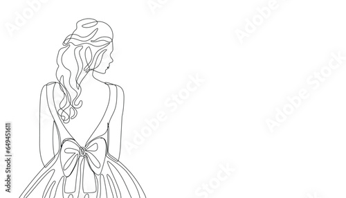 Beautiful bride in long wedding dress. Single line minimalist illustration of the young lady in the evening gown