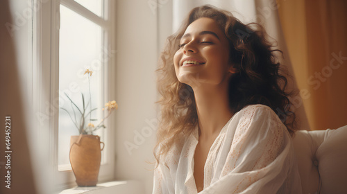 Young relaxed smiling pretty woman relaxing sitting on chair at home. Happy positive beautiful lady feeling joy enjoying wellbeing and lounge chilling near window in modern cozy apartment interior