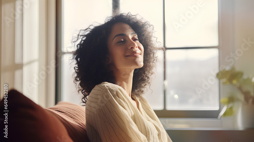 Young relaxed smiling pretty woman relaxing sitting on chair at home. Happy positive beautiful lady feeling joy enjoying wellbeing and lounge chilling near window in modern cozy apartment interior
