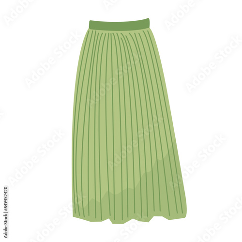 Part of basic wardrobe. Green pleated skirt. Clothing store, fashion. Flat style design, isolated vector. Fall print element, cozy clothes, seasonal warm.