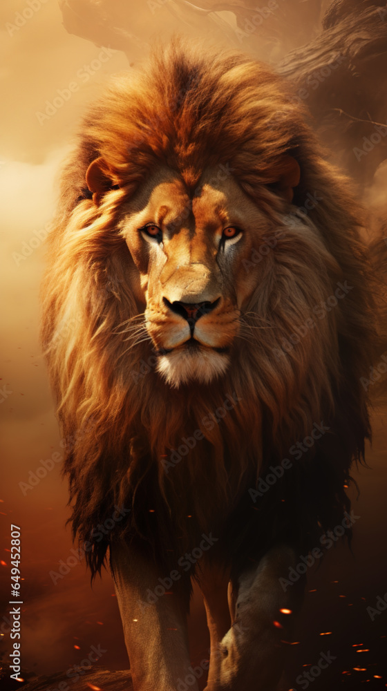 Epic portrait of a male lion. Wild life.