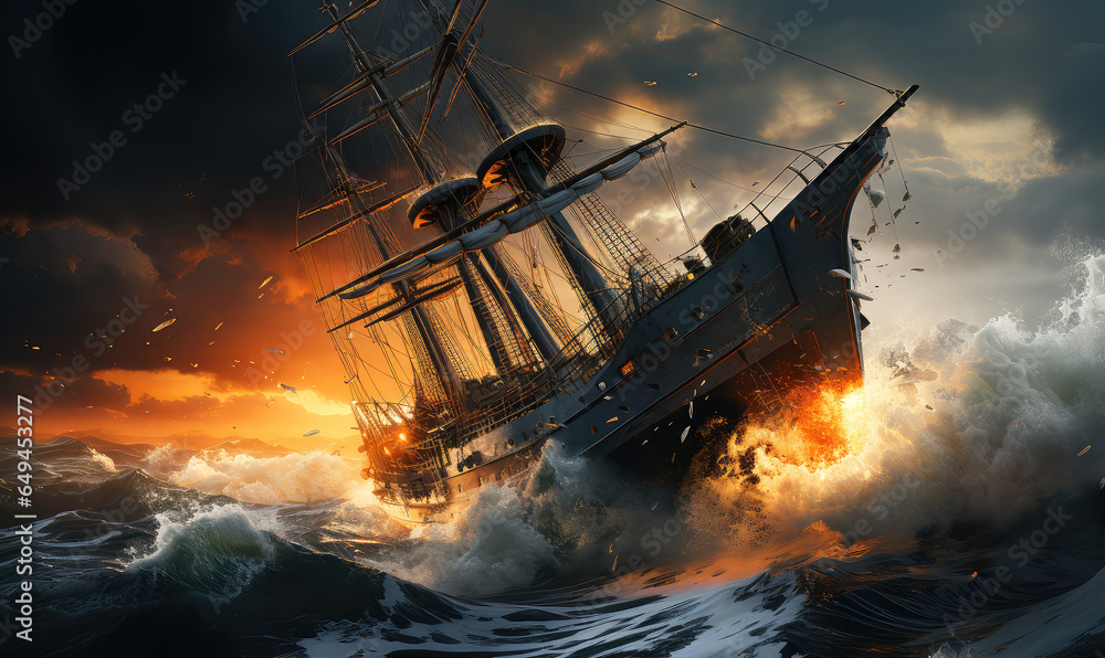 Obraz premium A Lone Boat's Tenacious Battle Against the Unrelenting Fury of a Stormy Sea - Generative AI