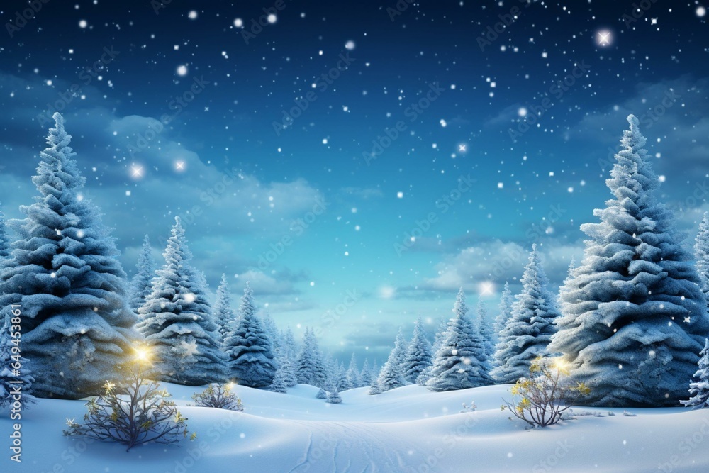 Festive winter scenery with snowy Christmas trees. Generative AI