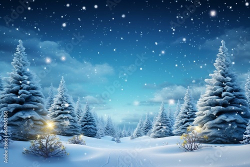 Festive winter scenery with snowy Christmas trees. Generative AI