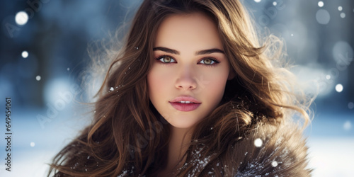 Beautiful woman with brown hair and a gentle smile, snowy background