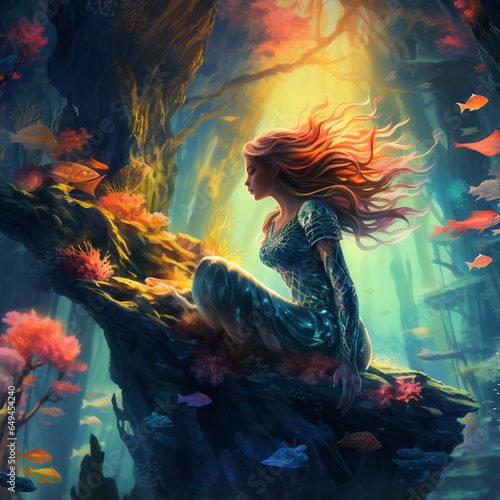 beautiful mermaid girl in the sea fantasy illustration 
