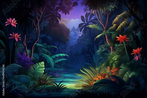 Background of night tropical jungle with rainforest ambiance. Generative AI