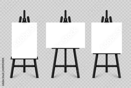 Realistic paint desk with blank white canvas. Black wooden easel and a sheet of drawing paper. Presentation board on a tripod. Artwork mockup, template. Vector illustration
