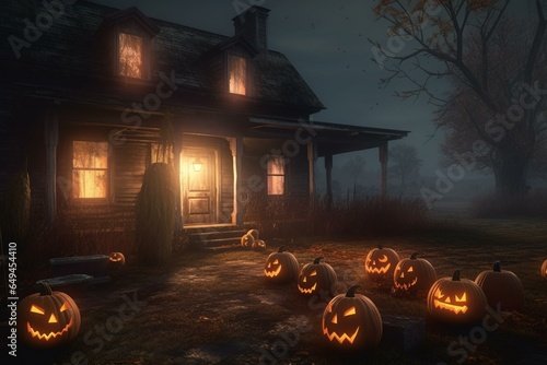 Sinister home and eerie jack-o'-lanterns, October backdrop, computer-generated artwork. Generative AI