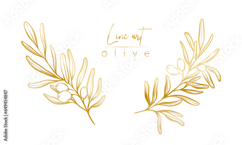 Set of botanical golden illustration of olive leaves branch for wedding invitation and cards, logo design, web, social media and posters template. Elegant minimal style floral vector isolated.	