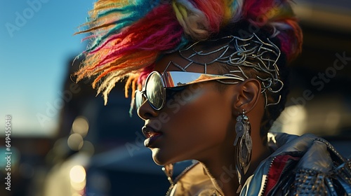 crazy woman with mohawk hairstyle and cool sunglasses