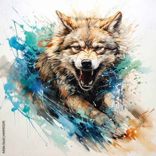 A watercolor wolf portrait exudes aggression with bold paint splashes photo