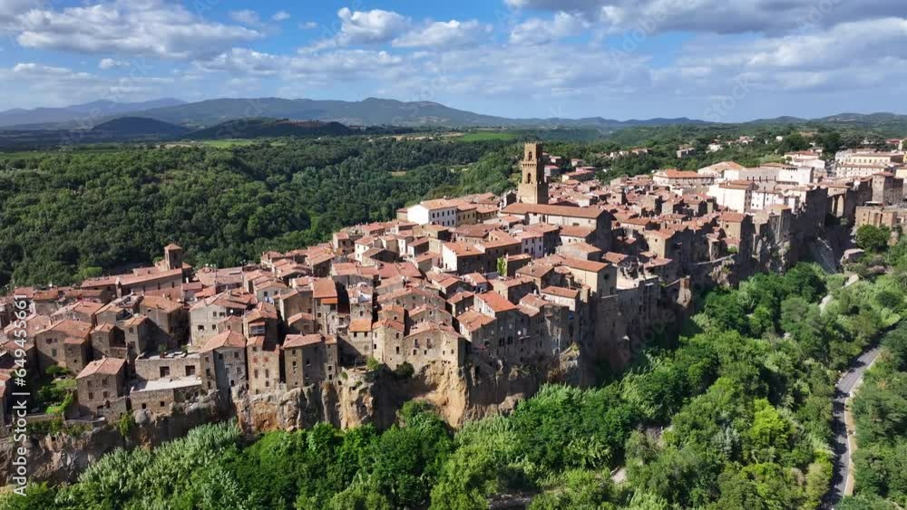 Pitigliano, Tuscany, aerial view of the medieval town at sunset, in the province of Grosseto, Italy Pitigliano, Tuscany, aerial view of the medieval town at sunset, in the province of Grosseto, Italy