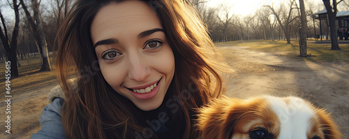 Beautiful girl takeing selfie with her dog friend. Dog and woman portrait . copy space for text.