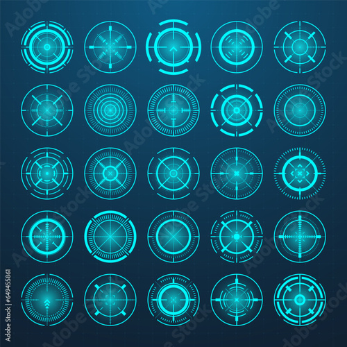 Crosshair, gun sight vector icons. Bullseye, black target or aim symbol. Military rifle scope, shooting mark sign. Targeting, aiming for a shot. Archery, hunting and sports shooting. Game UI element.