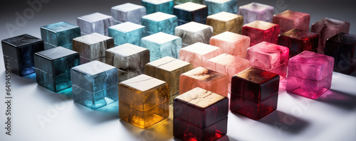 Many colored cubes from crystal or glass. Cub in diferrent colors. photo