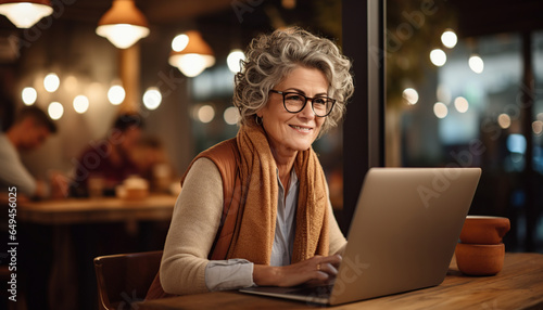 Una elegante persona mayor mujer de negocios trabaja en una computadora portátil desde la oficina en casa.
Freelance de edad avanzada se sienta en la mesa de la sala de estar. Ia generado. photo