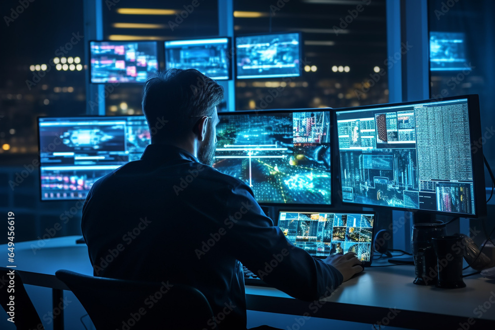 Man controller working at his workplace with multiple displays Man controller working at his workplace with multiple displays