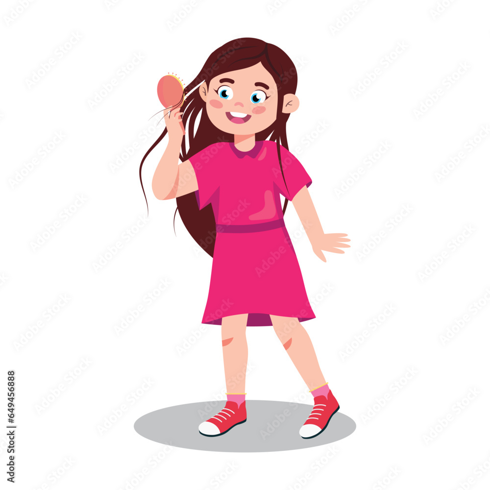 Thh girl is combing her hair with the comb, girl with long hair. Cute girl vector illustration. Vector flat illustration. Cartoon style illustration Thh girl is combing her hair with the comb, girl with long hair. Cute girl vector illustration. Vector flat illustration. Cartoon style illustration