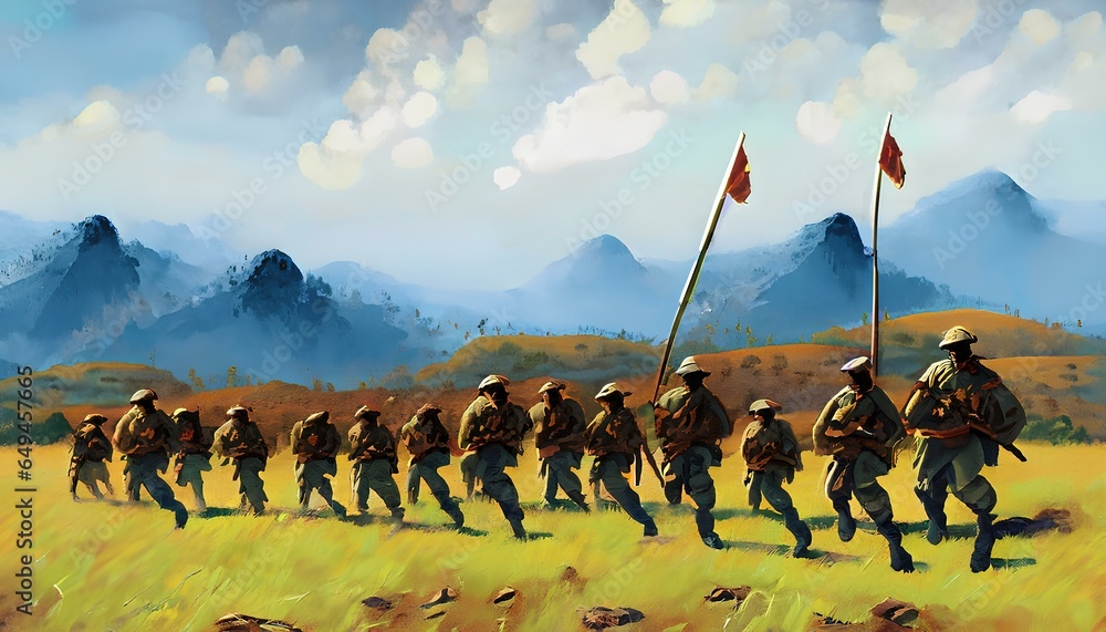 A squad of soldiers on a battlefield in the green hills - obrazy, fototapety, plakaty 