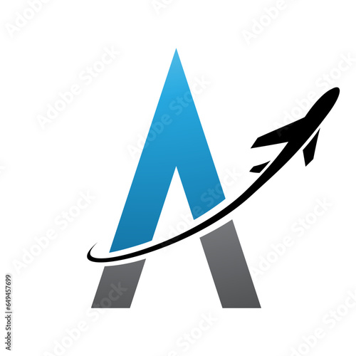Blue and Black Futuristic Letter A Icon with an Airplane