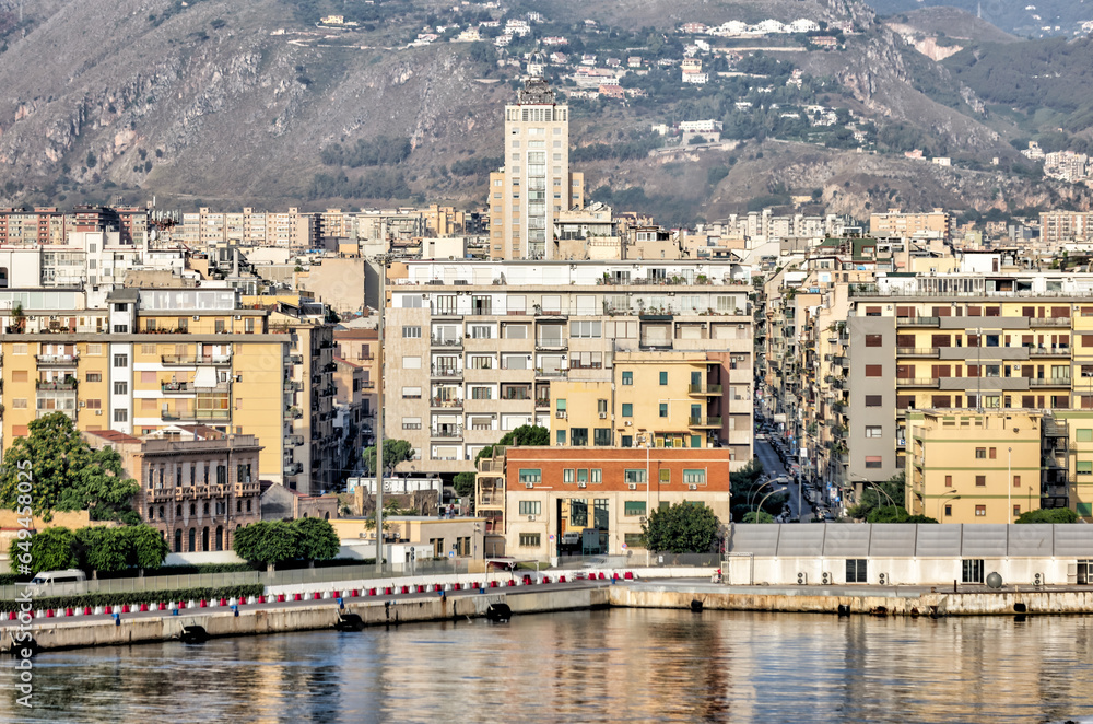 Palermo, Italy - July 18, 2022: Aerial view of the Palermo skyline with the mountains of Sicily in the background